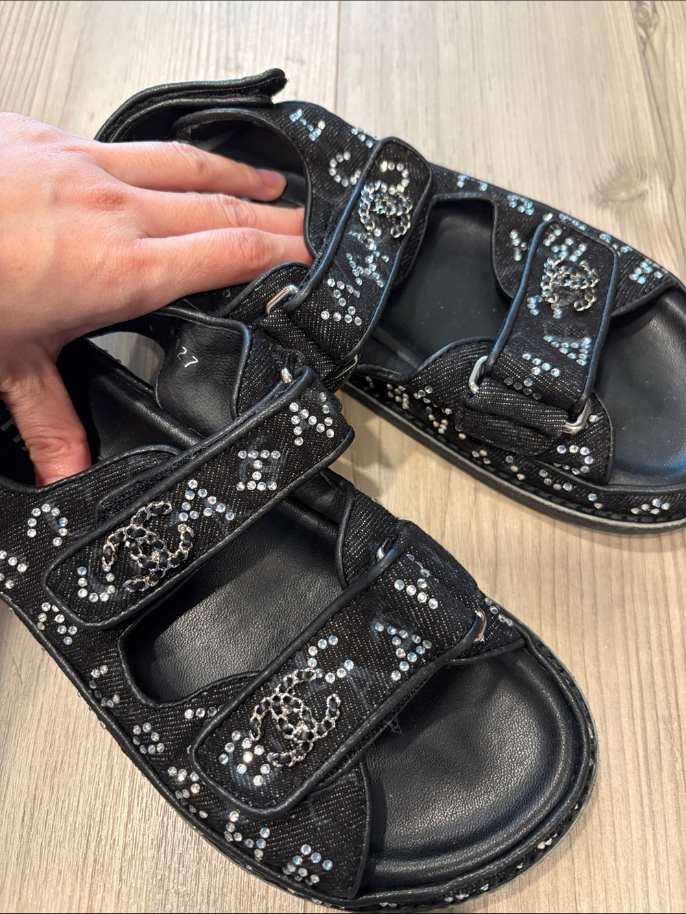 Black Embellished Leather Sandals with Crystal Accents